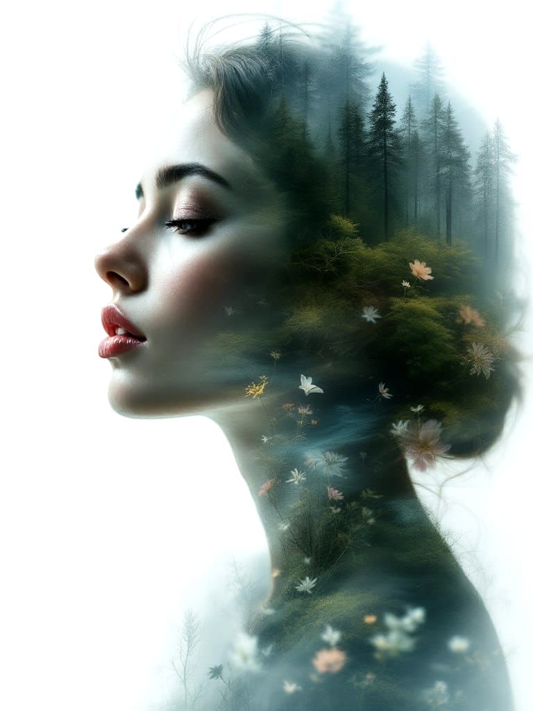 Ethereal Double Exposure of Woman and Nature