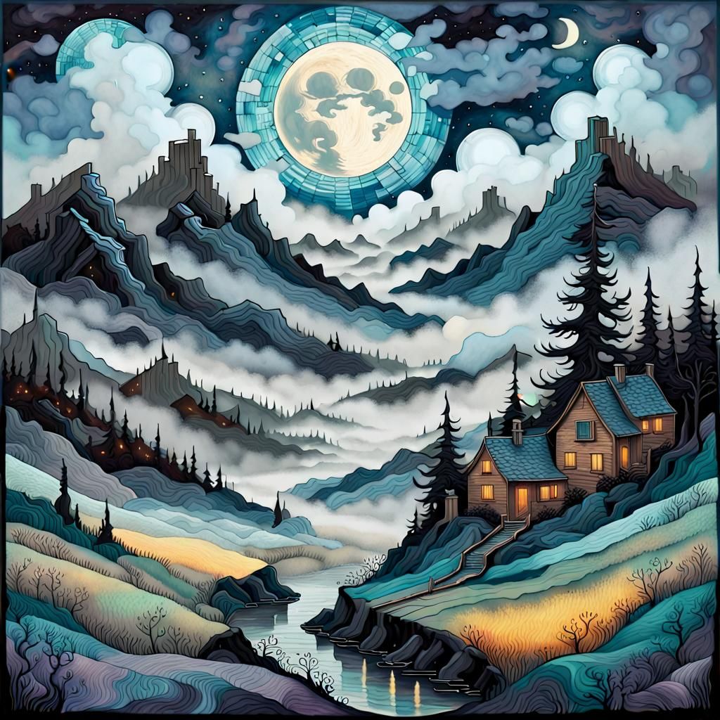 Magical Moonlit Landscape in Vintage Art Style