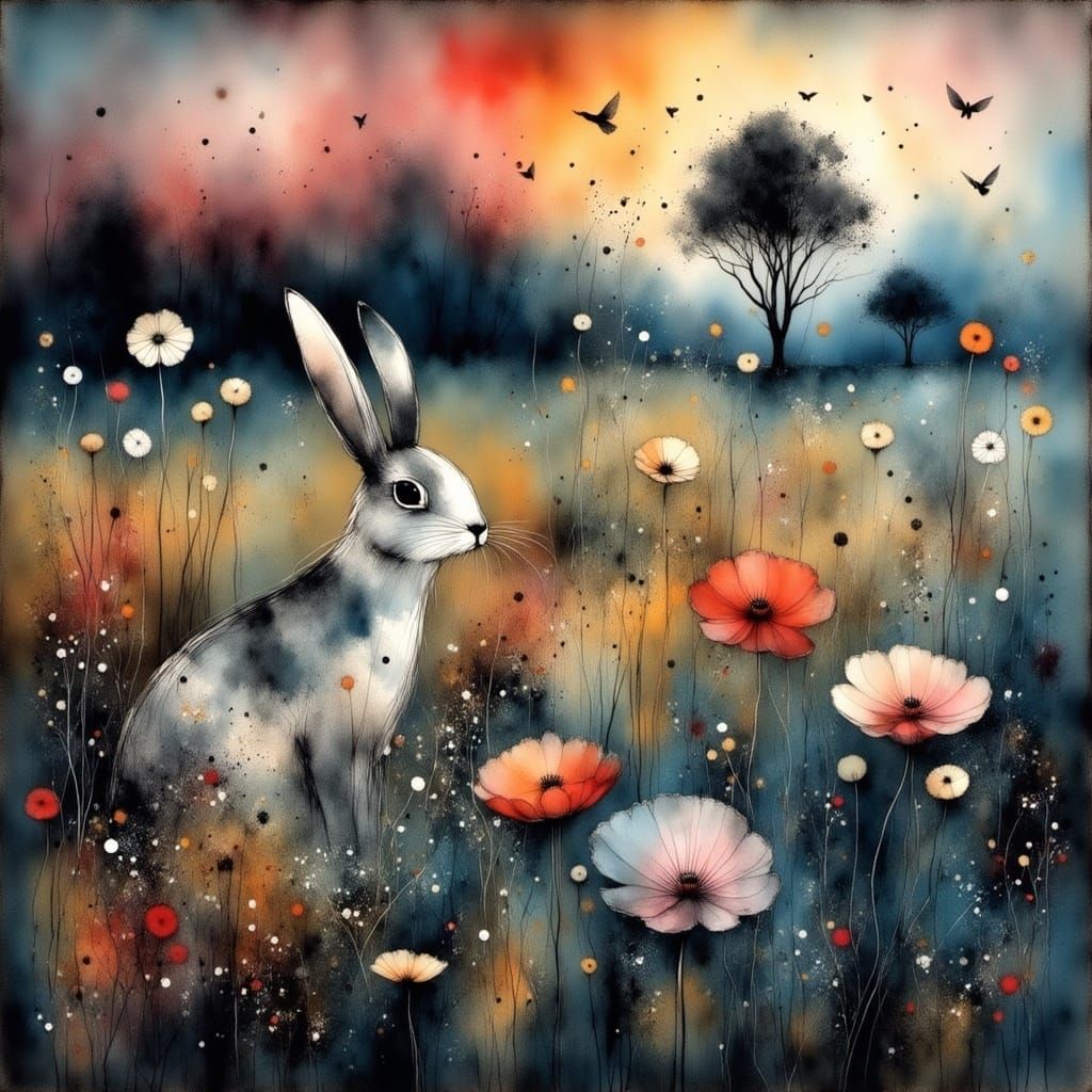 Dreamy Surreal Charcoal Landscape with Ballerina and Bunny