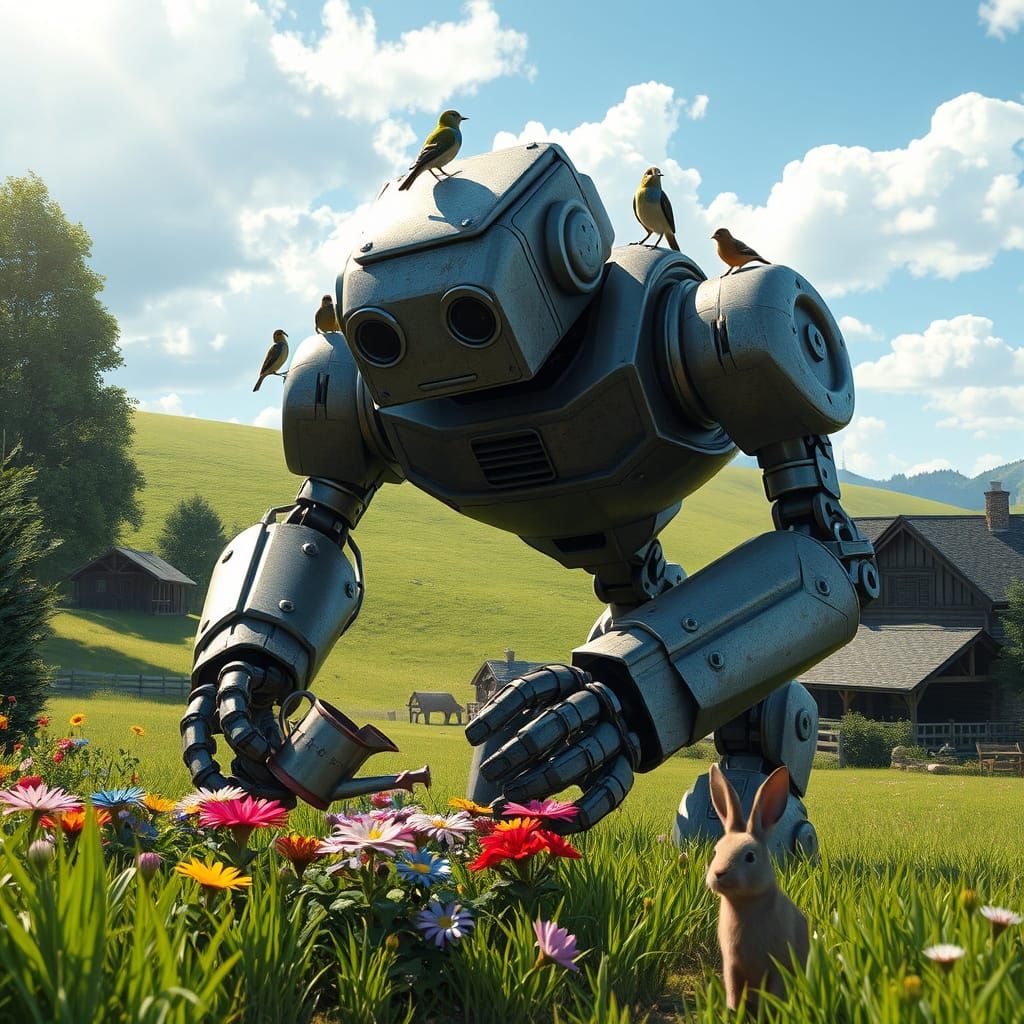 Friendly Robot Tends Lush Countryside Garden in a Peaceful S...