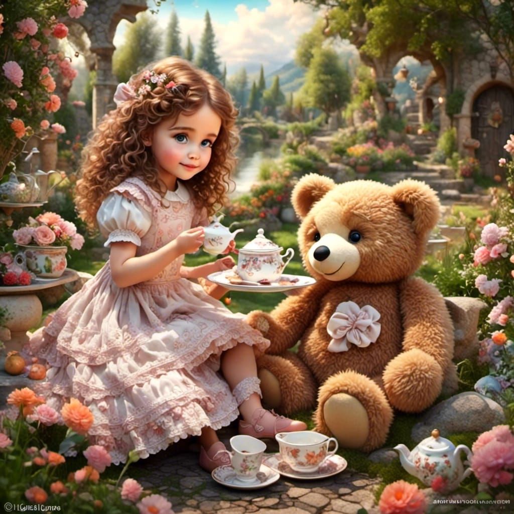 Adorable Girl's Tea Party with Teddy Bear