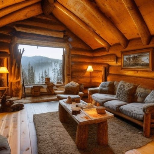 Cozy Cabin Interior with Fireplace, Digital Painting
