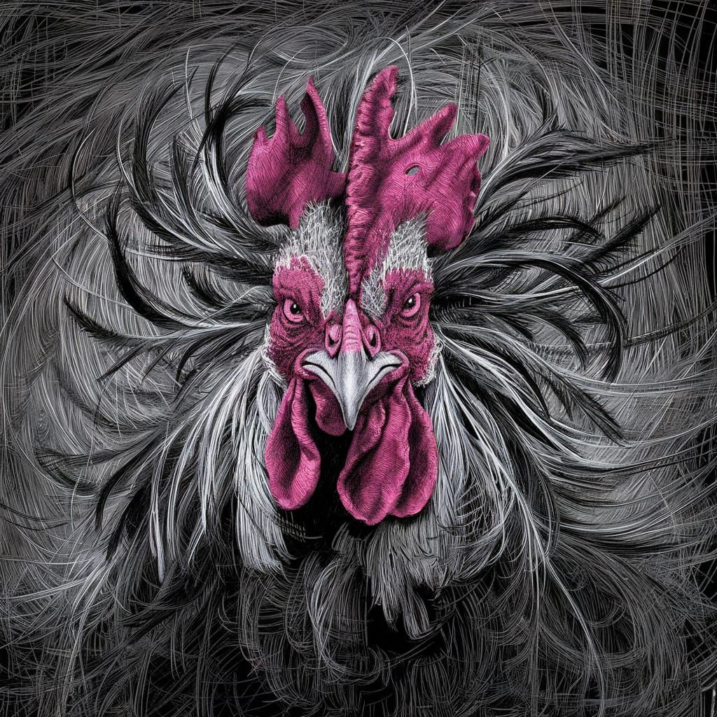 Detailed Rooster Artwork with Scratch Pen Marks