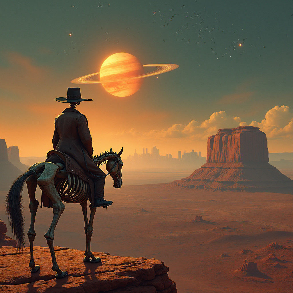 Skeleton Cowboy in Surreal Desert Landscape, Dali Style