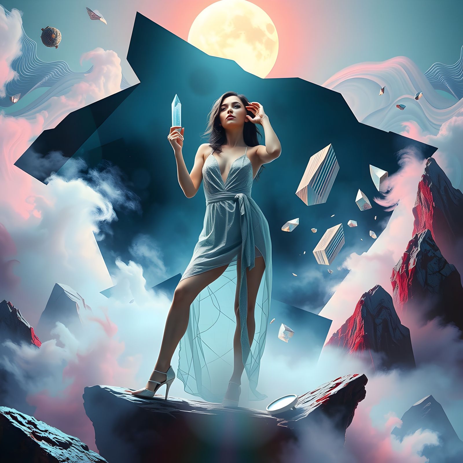 Crystalline Woman in Geometric Mist