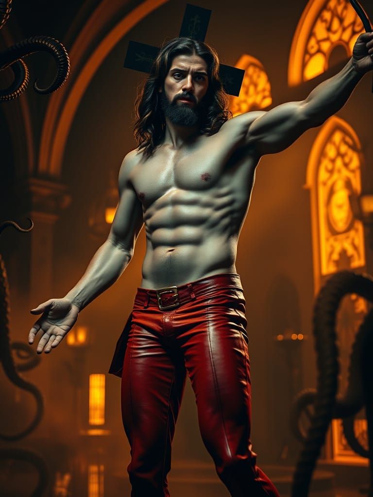 Eldritch Jesus in Crimson Hotpants, Disco and Goth Style