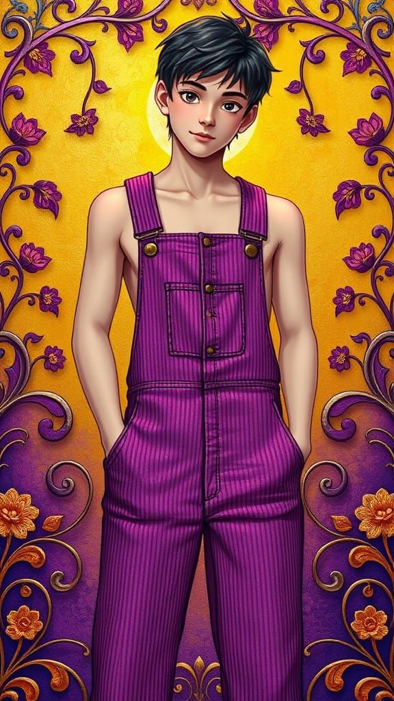Mauve Corduroy Overalls Studio Ghibli yellow and purple cont...