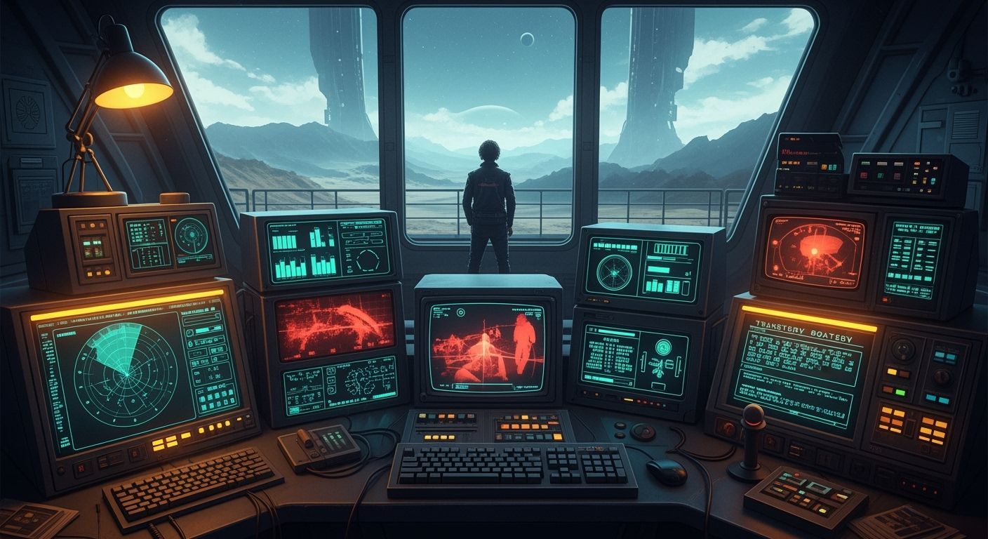 Retro-Punk Mountain Outpost Overlooking Alien Landscape