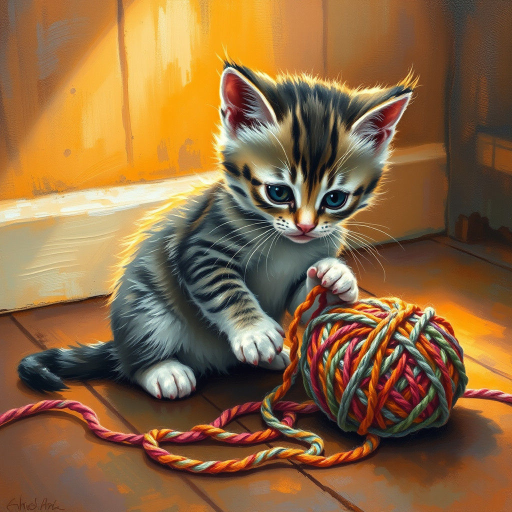 Kitten Playing with Yarn in Impressionist Style