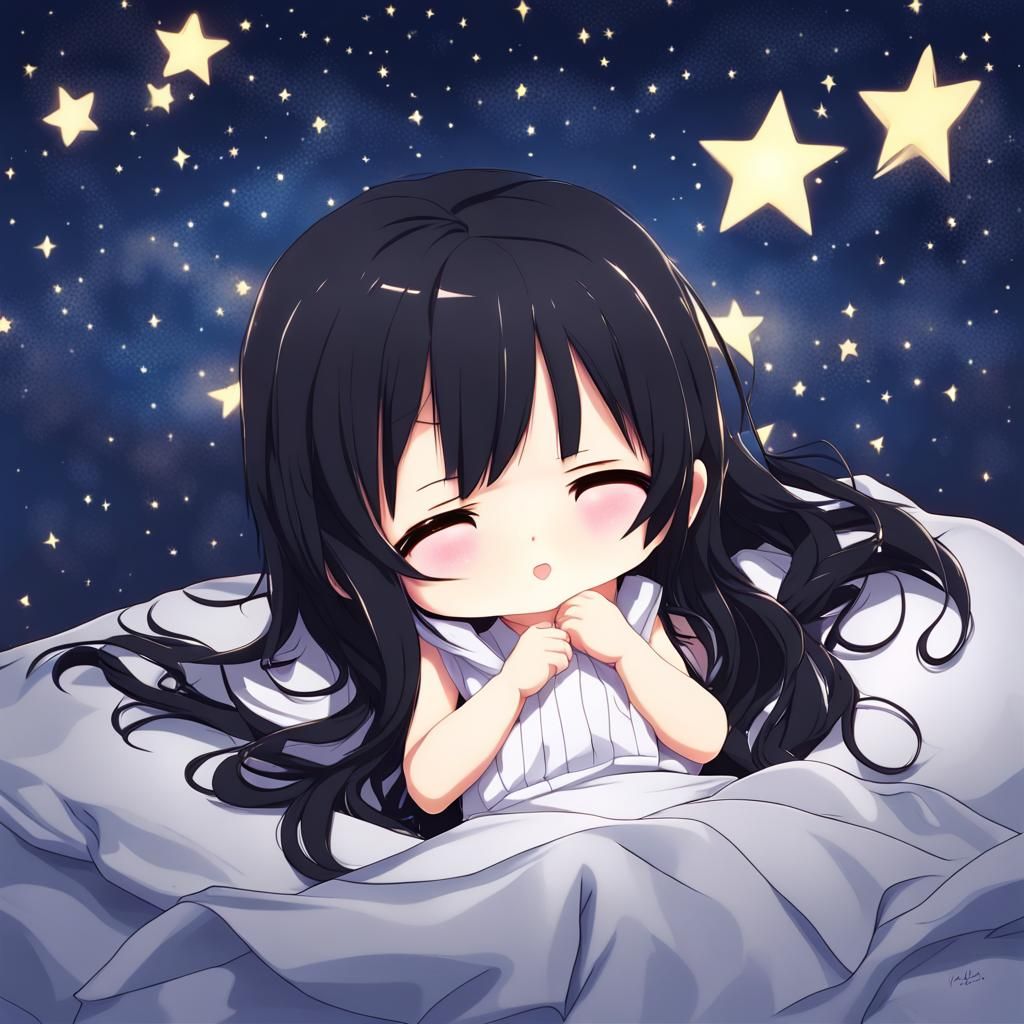 Chibi Girl Sleeping Under Starry Night Sky