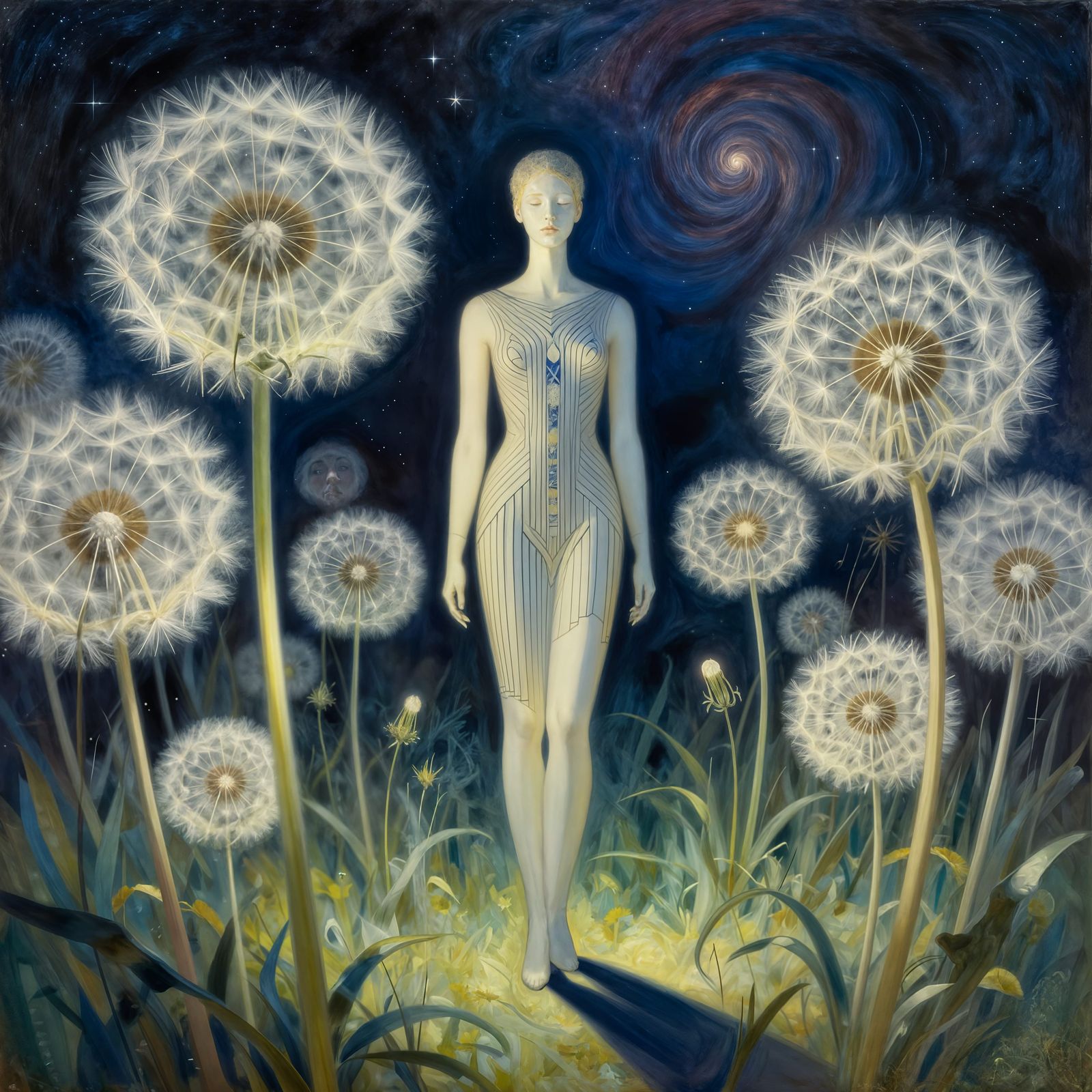 Mannequin in Glowing Dandelion Field Under Nebula Sky