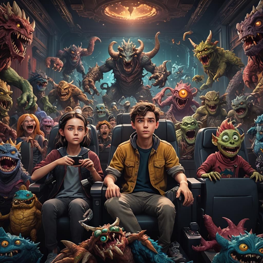 Monsters Surround Couple in Cinema, Detailed Matte Painting