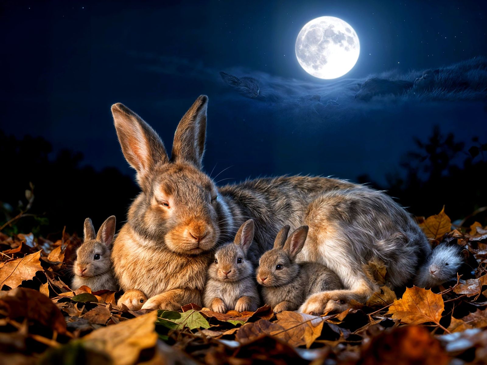 Mother Rabbit With Bunnies In Moonlight CGI