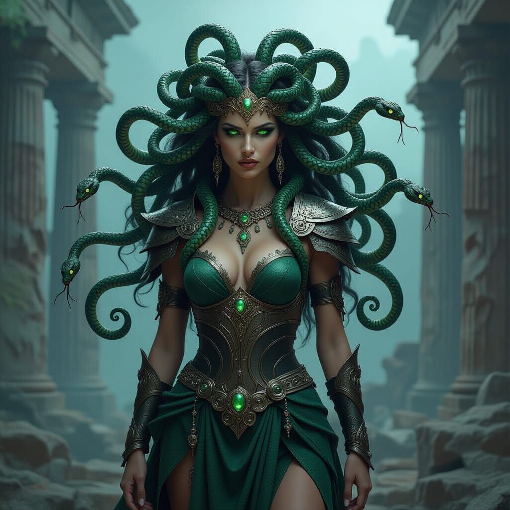Medusa with Serpent Hair in Ruined Temple