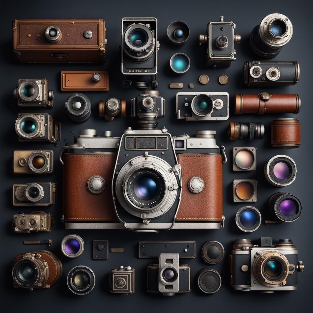 Knolling Photo of Vintage Camera in Detailed Matte Style