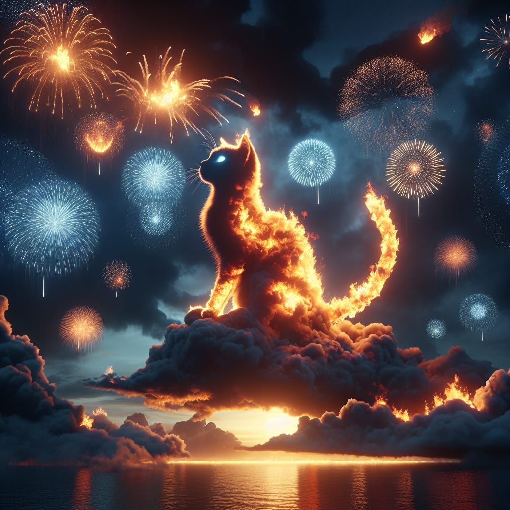 Fiery Cloud Cat Amidst Fireworks Display
