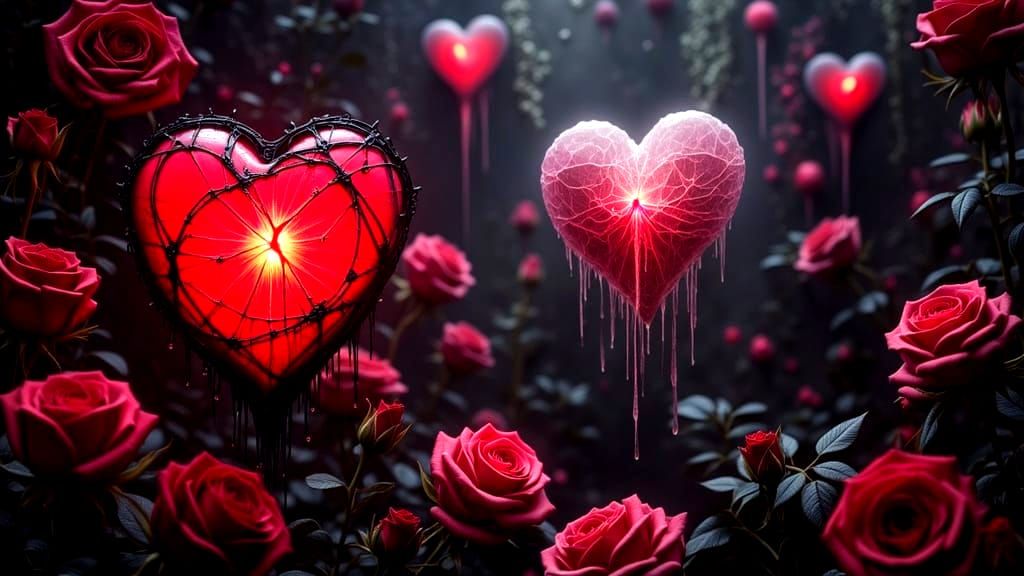 Gothic Valentine's Scene with Cracked Heart and Ghostly Rose...