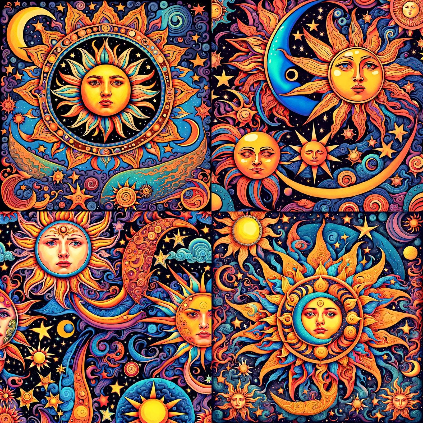 Psychedelic Sun, Moon, and Stars Illustration