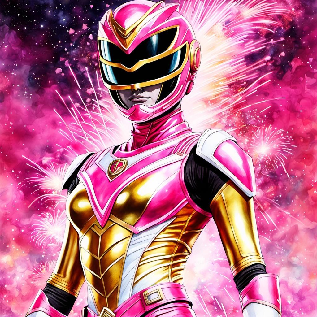 Pink and Gold Power Ranger in Watercolor Nebula