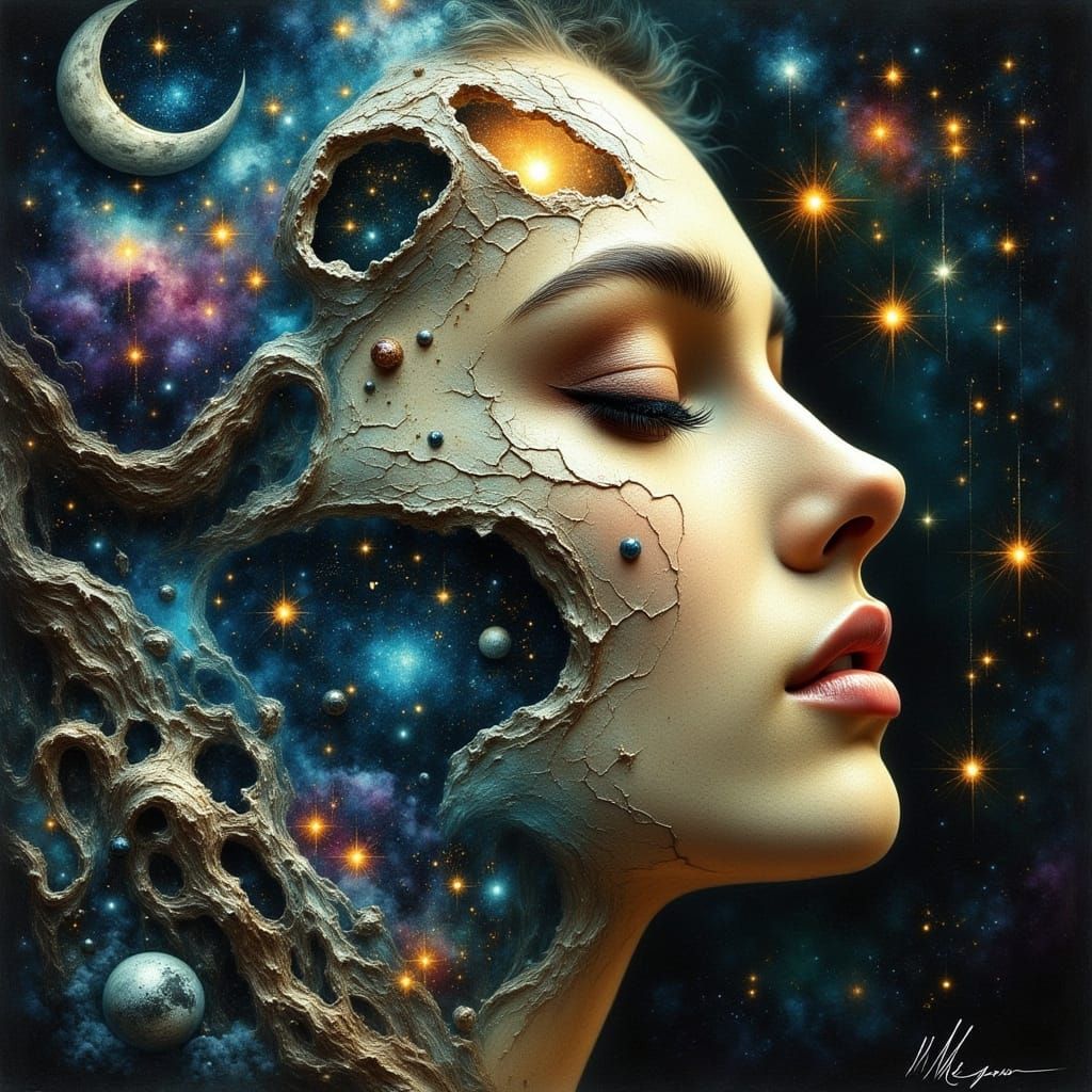 Surreal Cosmic Portrait of Woman Merged with Moonscape