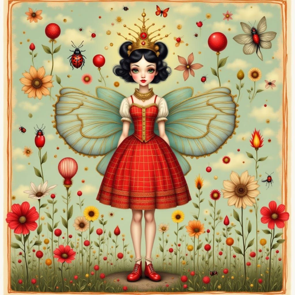 Whimsical Ladybug Queen in Pop-Surreal Style