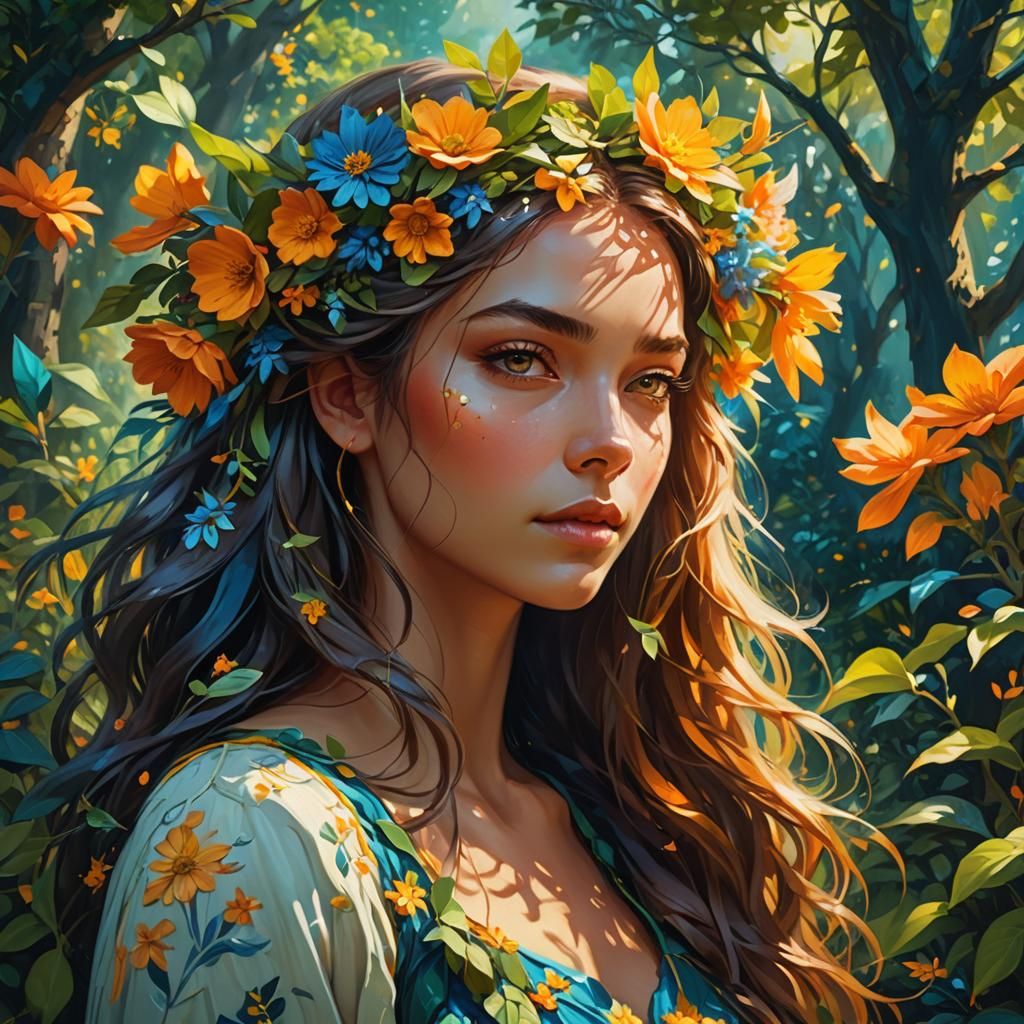 Summer Girl in Lush Garden: Digital Fantasy Art