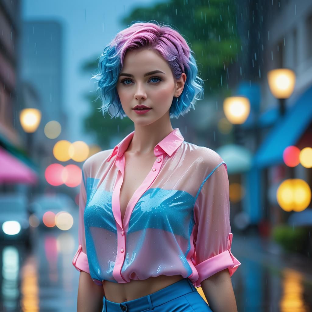Beautiful Woman with Neon Hair in the Rain