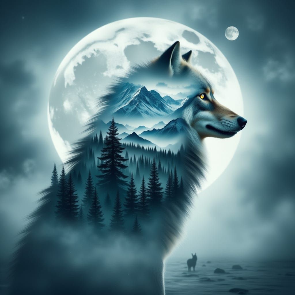 Lone Wolf Silhouette Double Exposed with Montana Mountains