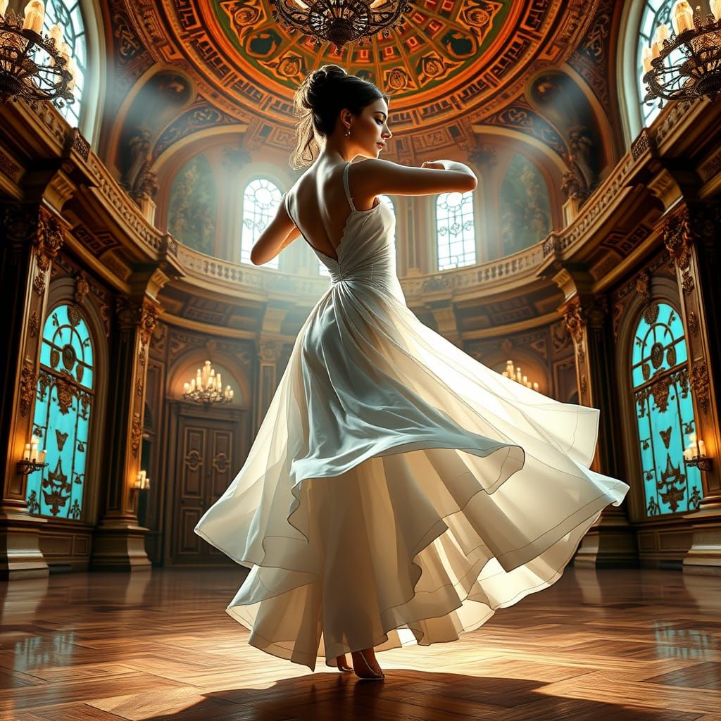 Elegant Woman Dances in a Grand Ballroom in Art Nouveau Styl...