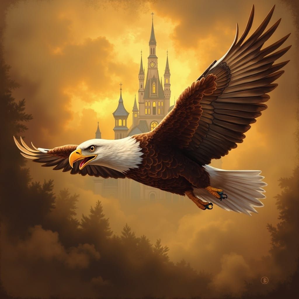 Elegant Bald Eagle Soars Above Regal Palace in Golden Sunset