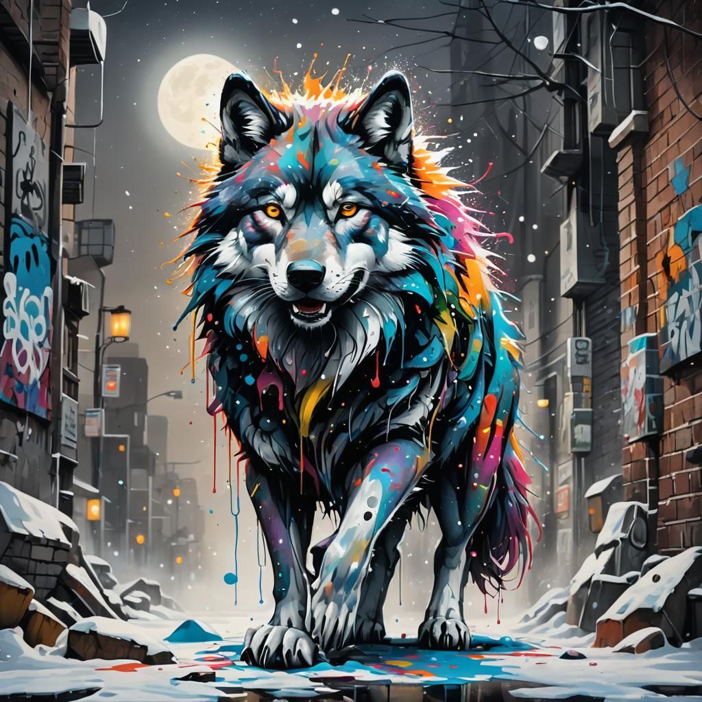 Lone Wolf Howling at Moon in Graffiti Art