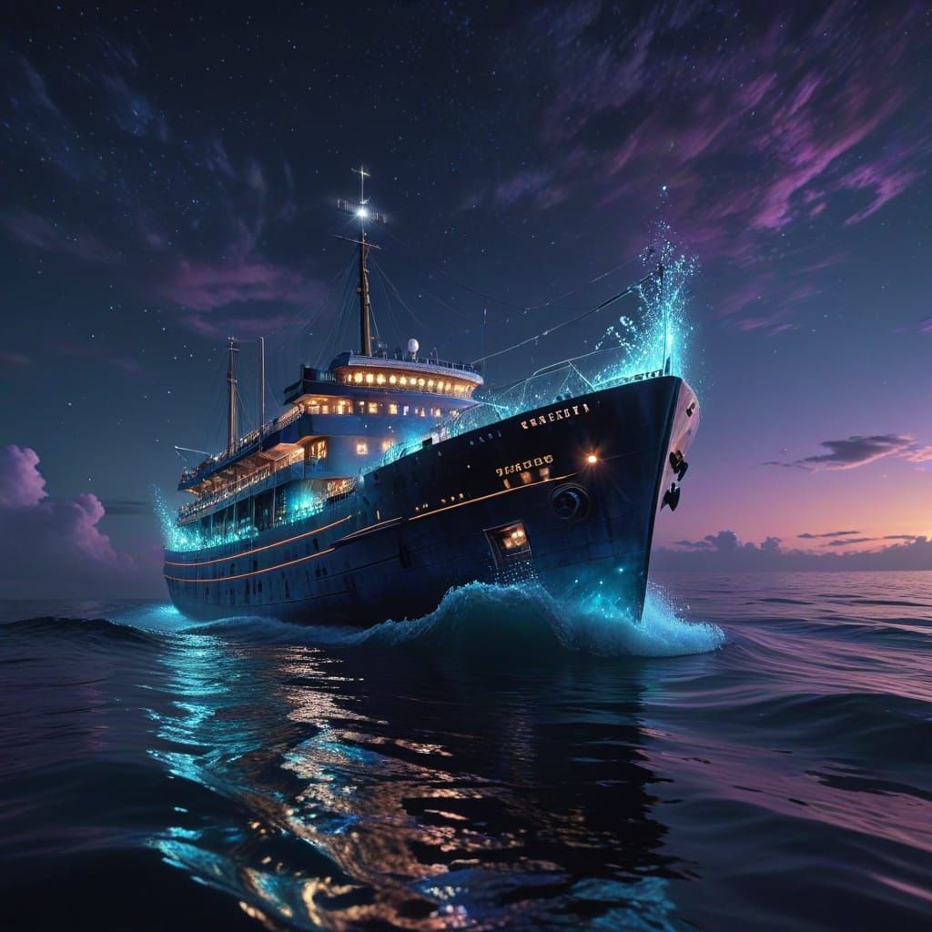 Surreal Oceanic Scene with Ghost Ship and Bioluminescent Cre...