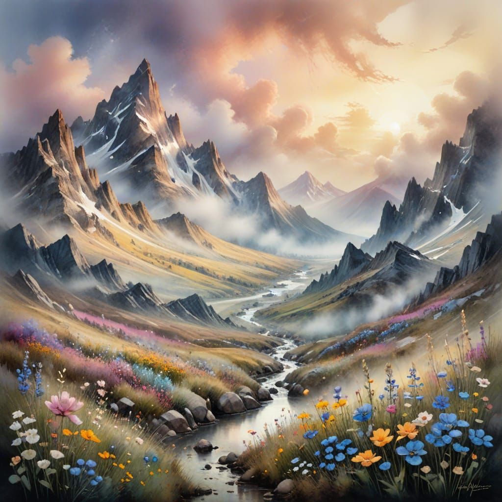 Majestic Mountain Valley Sunrise in Dreamlike Watercolors