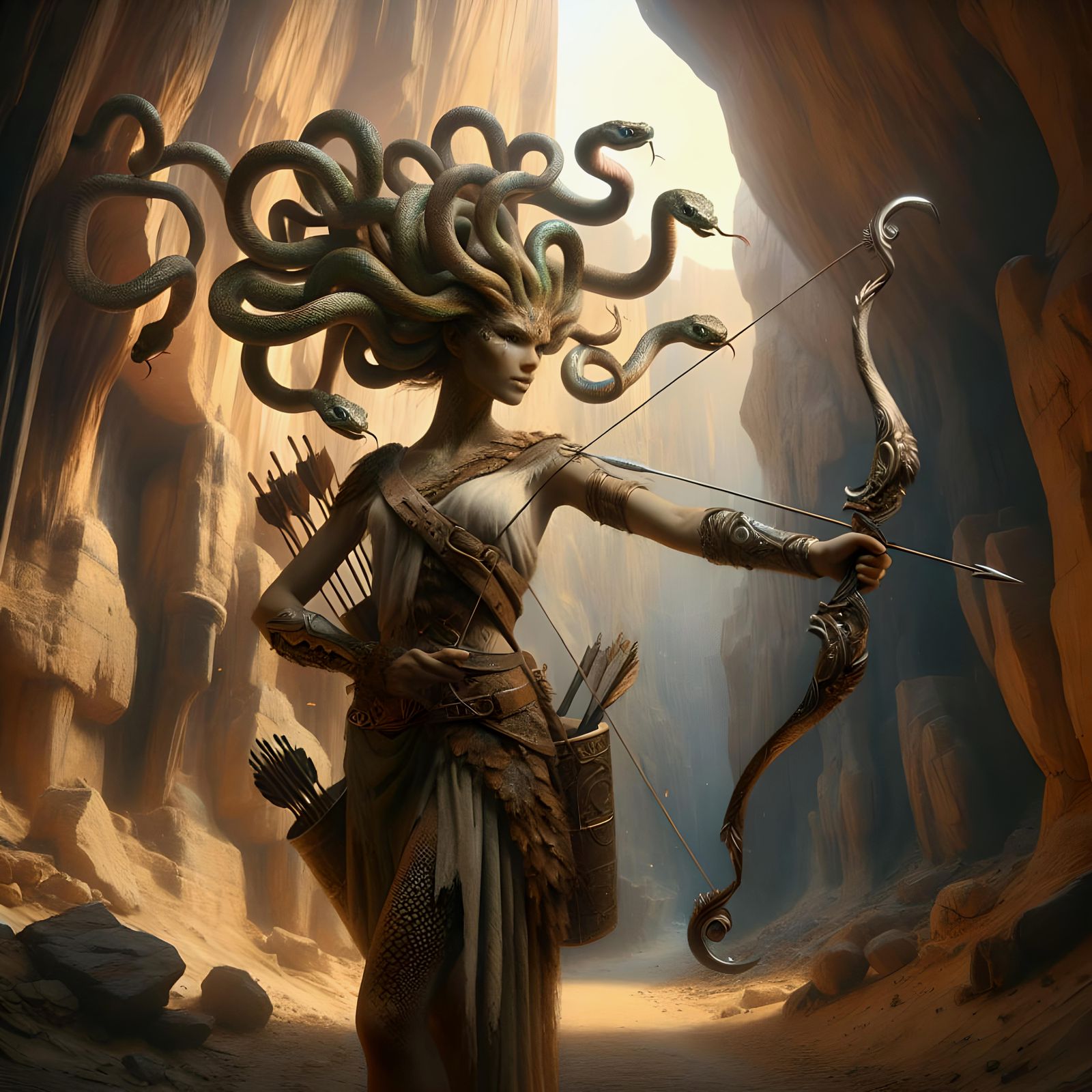 Epic Fantasy Medusa Archer in Sandstone Cave