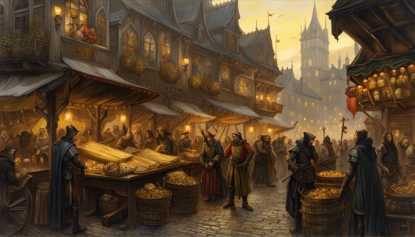 Bustling Medieval Market in Golden Hour Light