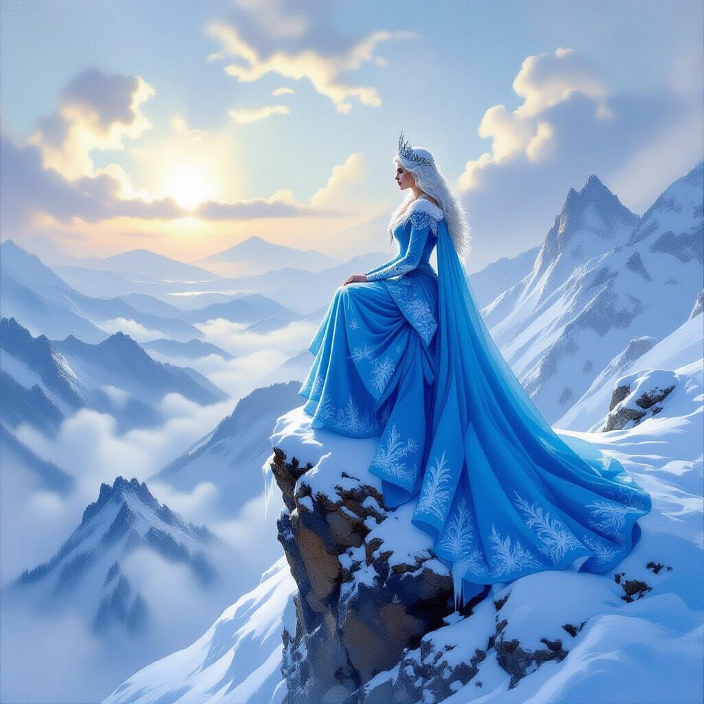 Majestic Snow Queen on Mountain Peak Over Misty Valley