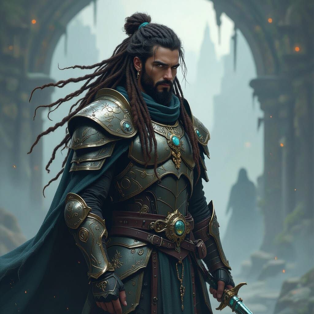 Mystical Warrior with Dreads in Ornate Armor