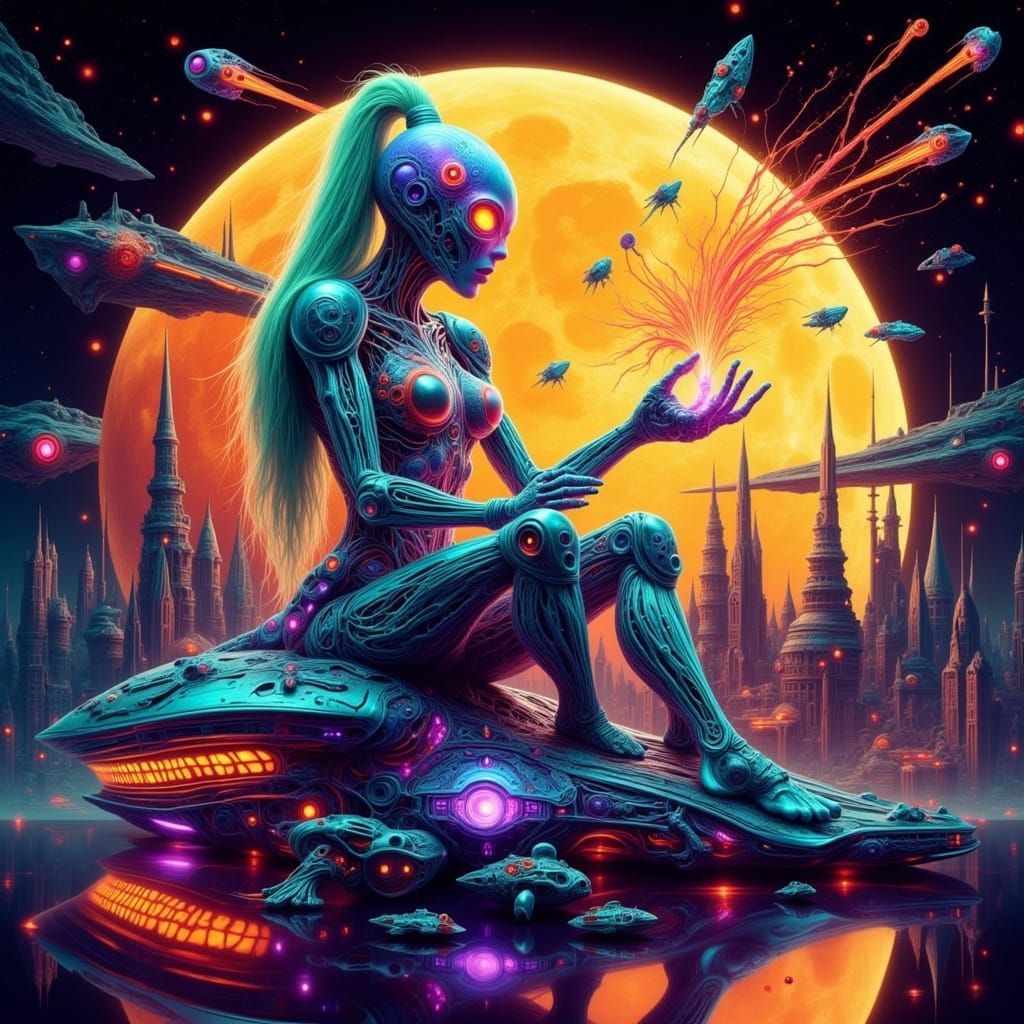 Iridescent Alien Queen in X-Ray Art Style