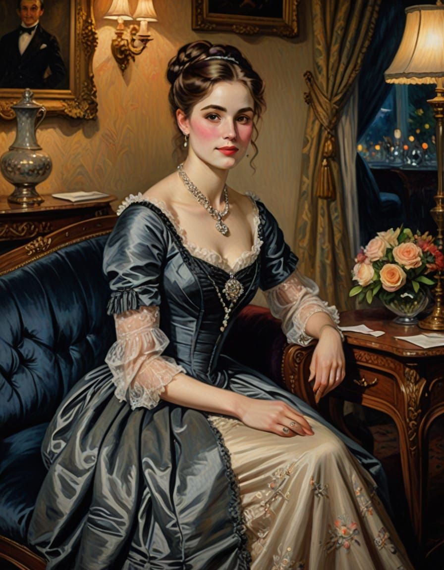 Elegant Victorian Lady in Formal Gown by Candlelight