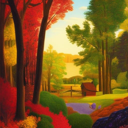 Grandma Moses Style Painting of a Window View