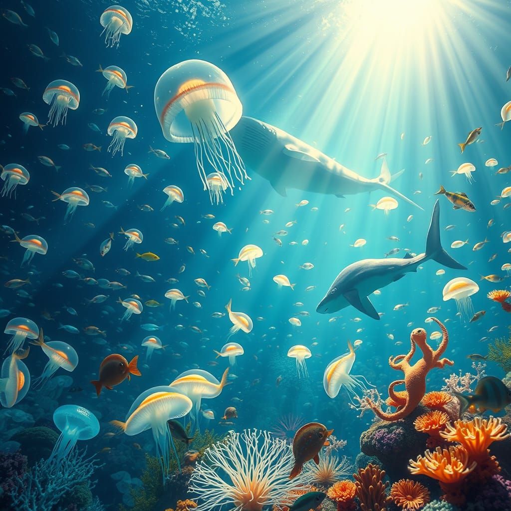 Underwater Dance Party with Sea Creatures in Surreal Style