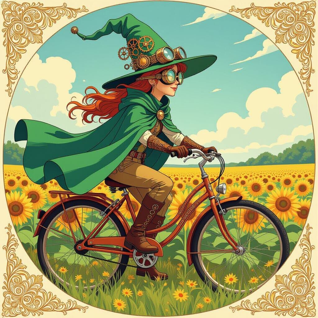 A whimsical, fantastical creature riding a gleaming metal bi...