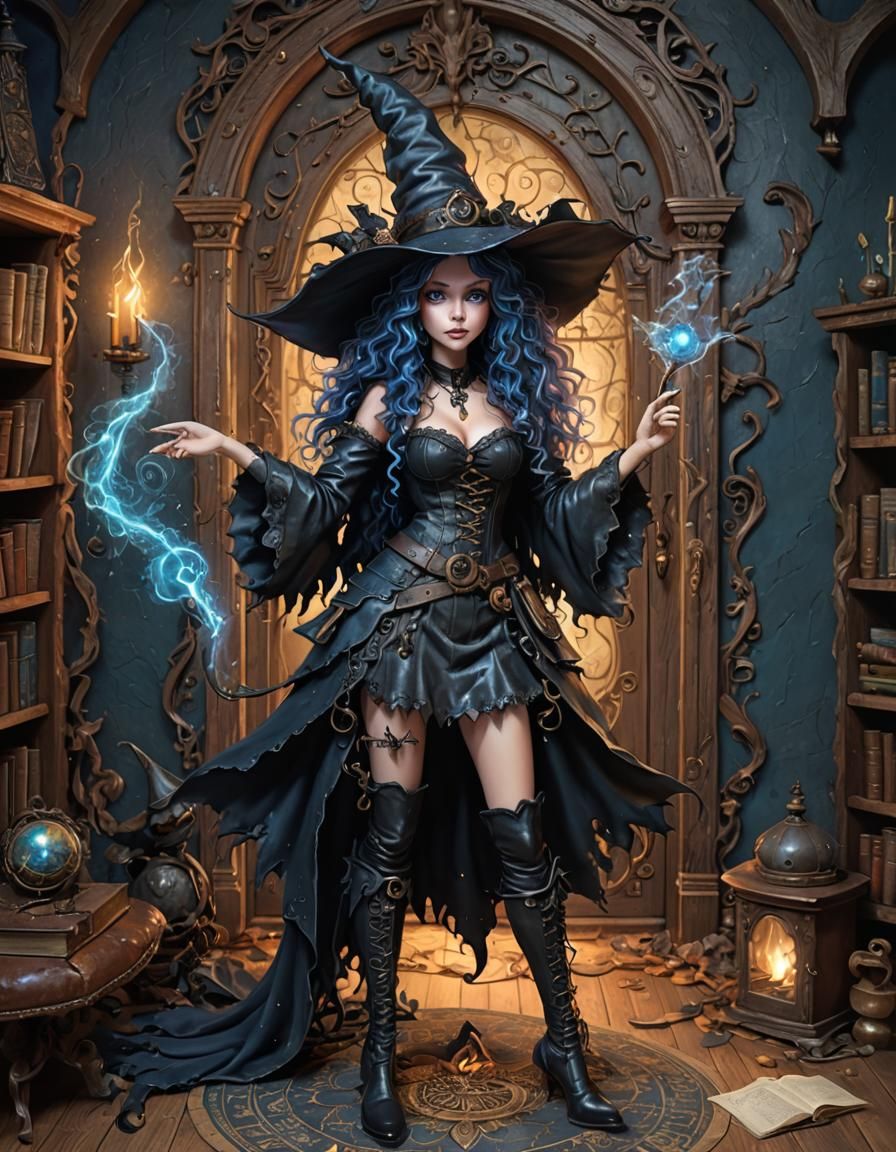 Whimsical Punk Witch with Spellbook, Digital Art