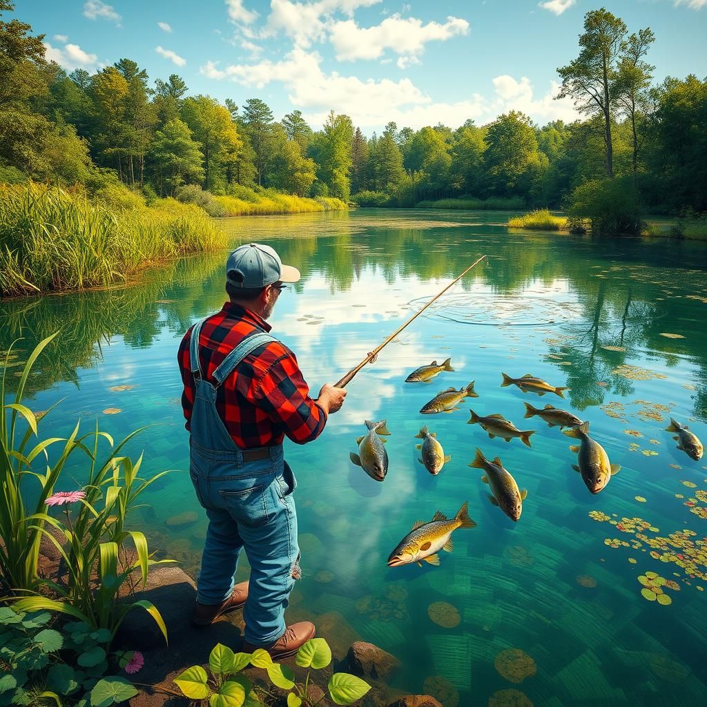 Fisherman on Pond in Urban Graffiti Art Style