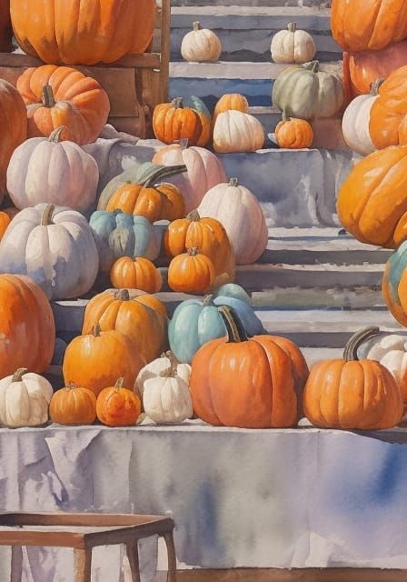 Impressionist Pumpkins in Gouache Style with Cotton