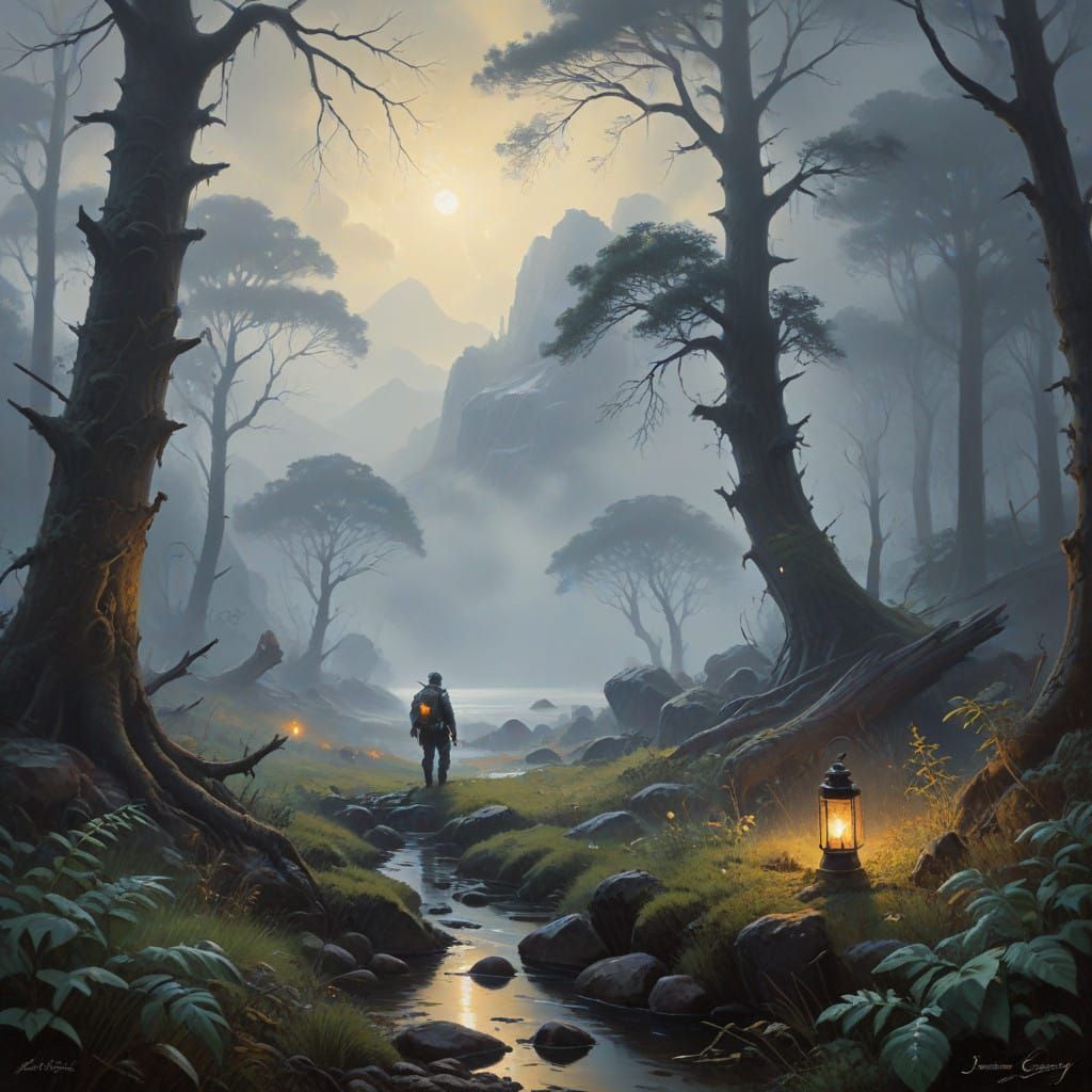 Ancient Trees Emerge from Enchanted Fog in Mystical Landscap...