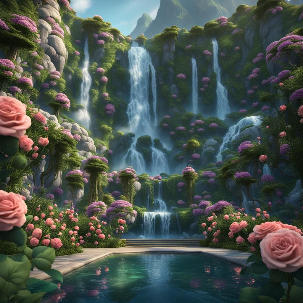 Mountain Waterfall with Green Roses in Fantasy Art