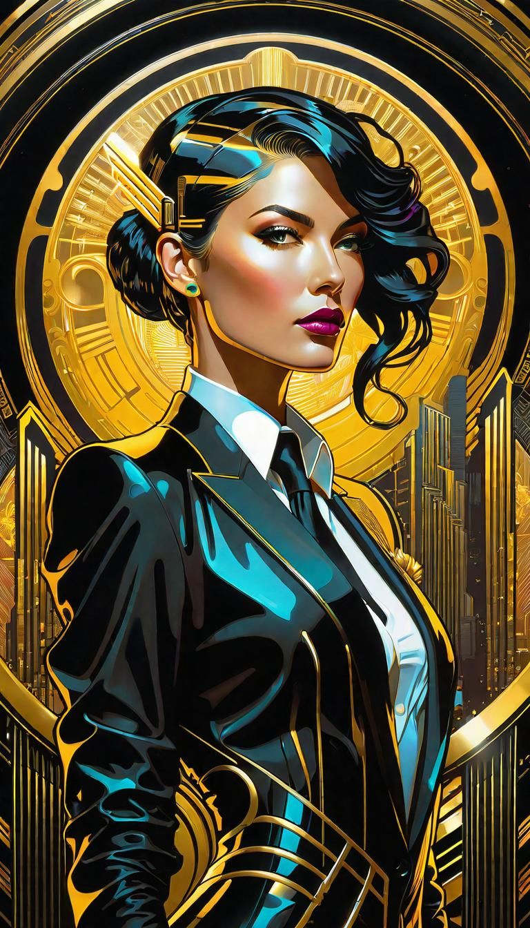 Cyberpunk Art Nouveau Corporate Woman in Gold and Black