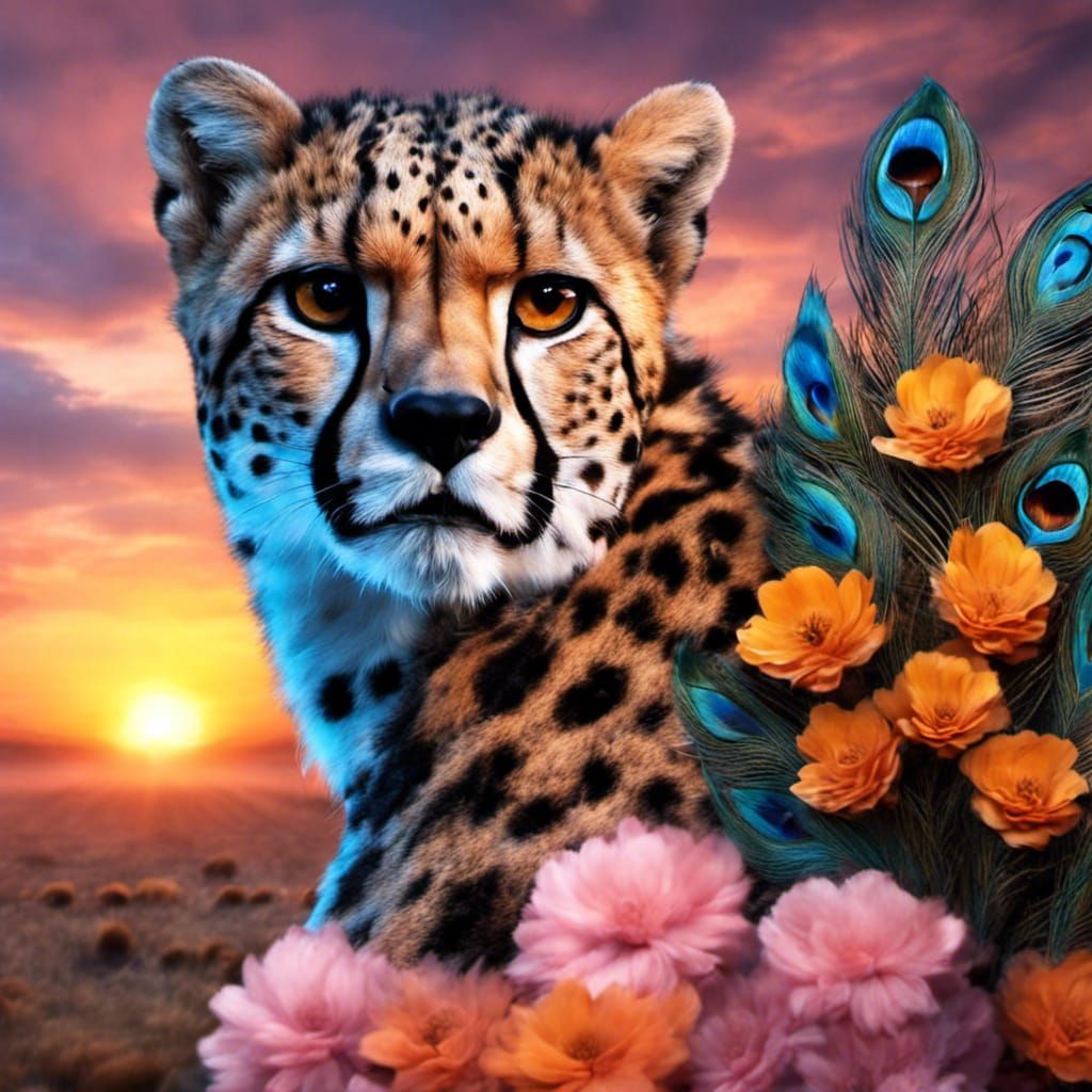 Cheetah Print with Peacock Feathers and Sunset