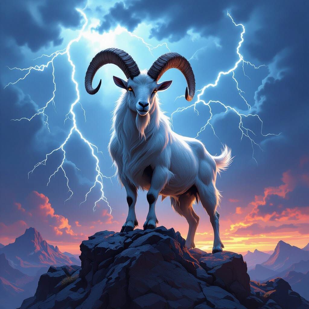Muscular Goat on Peak Under Lightning Sky
